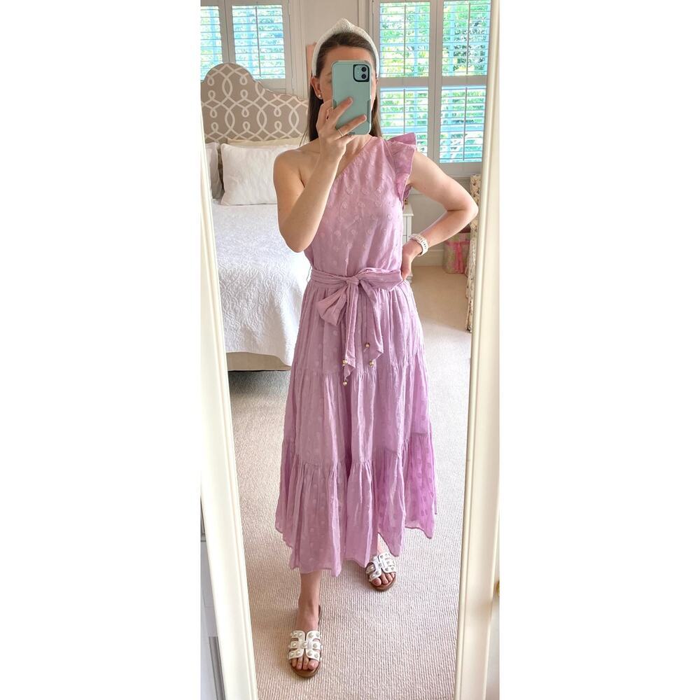 Karina Grimaldi Pauline Dress Purple Lavender One Shoulder Tiered Midi Dress XS